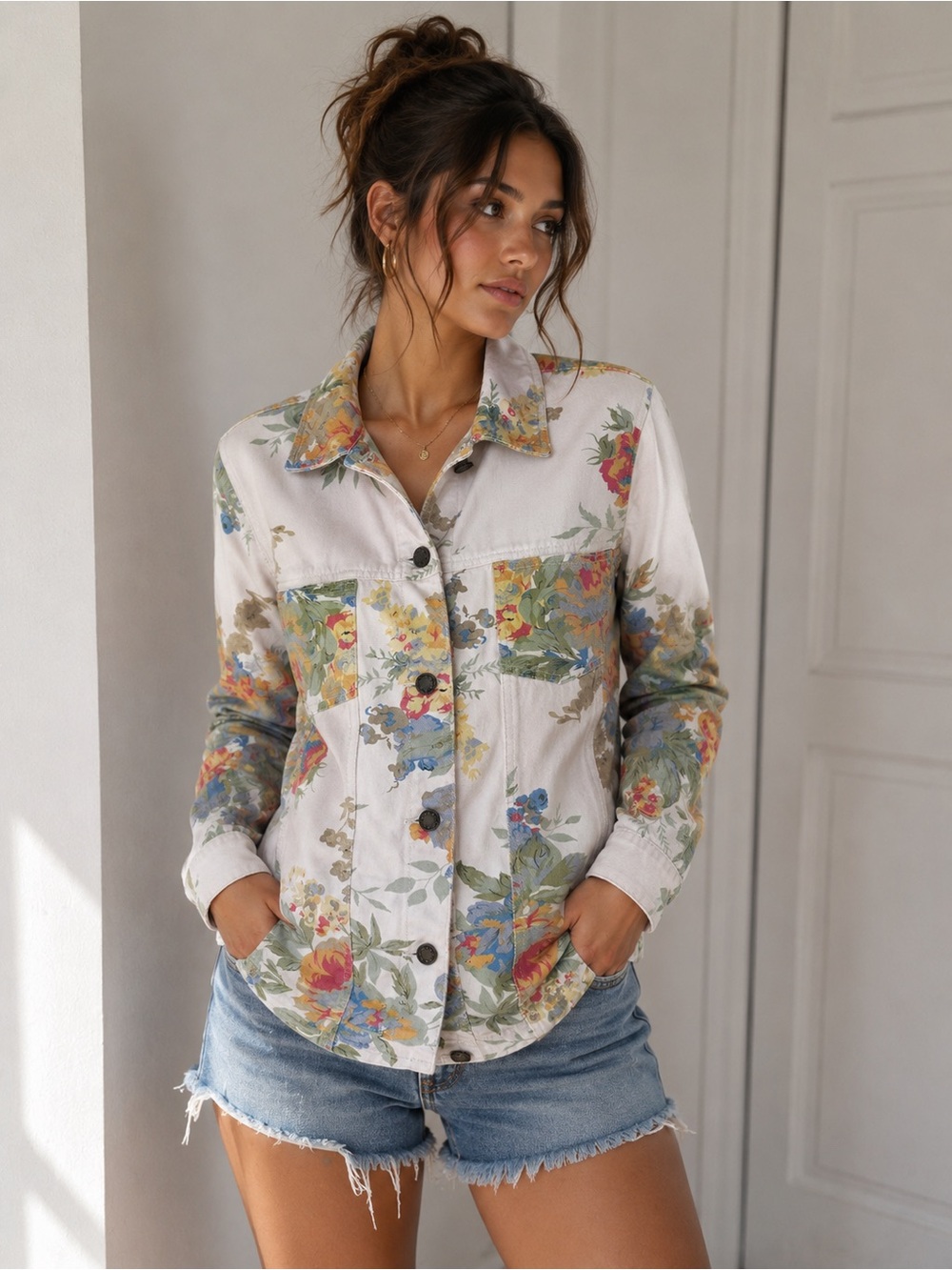 Vintage Y2K Susan Graver Floral White Denim Jacket